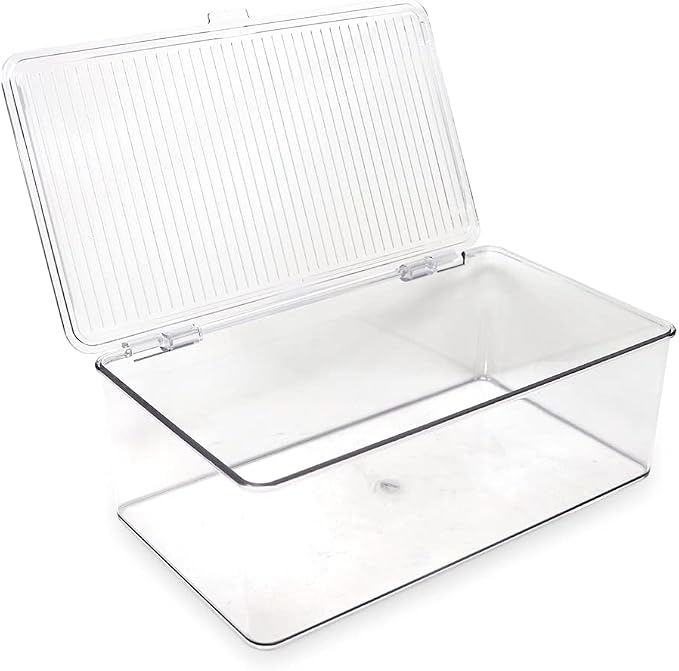 Isaac Jacobs Medium Stackable Organizer Bin (10.75”x6.5”x3.7”) | With Hinged Lid, Clear Storage Box Home Office School Fridge Bathroom Kitchen Pantry Container BPAFree Food Safe