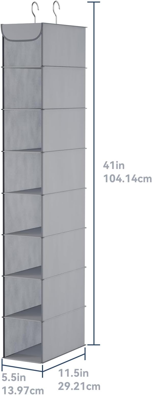 Whitmor Hanging Shoe Organizer, 8 Shelves-Hanging Closet Organizer, Hanging Shoe Rack for Small Closet, Hanging Shelves for Storage Shoes Clothes 11.5" D x 5.5" W x 41" H, Grey