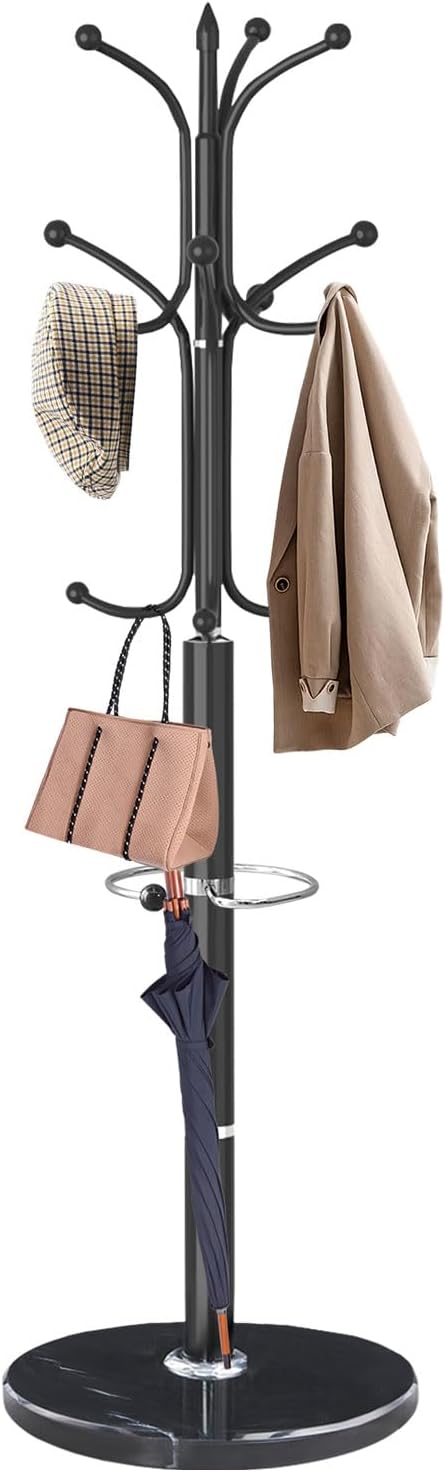 Modern Coat Rack Stand, Metal Freestanding Coat Rack with Natural Marble Base, Heavy-Duty Coat Racks with Umbrella Holder,Black Coat Hanger Stand with 12 Hooks for Office, Entryway, Hallway