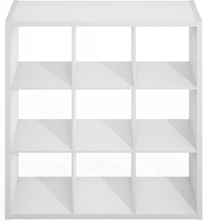 Furinno Simple Cube Storage Organizer, 9-Cube Display Shelf, Open Back Shelving Unit, Storage Shelves, Extra Thick Frame, for Organization and Storage, Living Room, Home Office, White