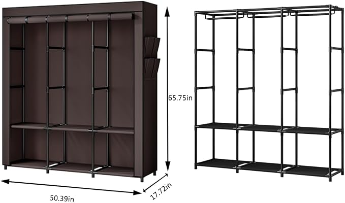SORCEDAS Portable Closet Wardrobe with Hanging Rods Shelves Clothes Storage | 50 Inch Closet Organizers and Storage with Non-Fabric Cover,Freestanding Clothes Closet for Bedroom,dorm,Storage Rooms Coffee