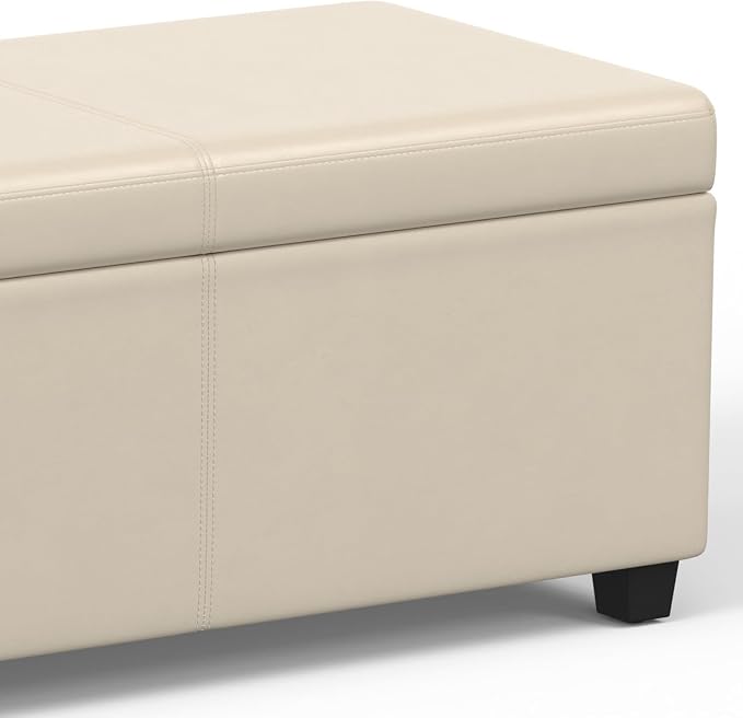 SIMPLIHOME Avalon 54" Wide Vegan Leather Storage Ottoman in Tanners Brown | Contemporary lift-top ottoman with high-density foam; rectangle storage bench or coffee table for living room or entryway.