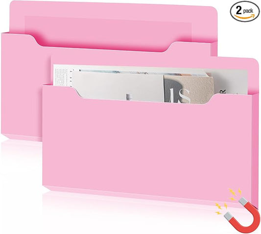 Feifeiya 2 Pcs Magnetic File Folder Wall Hanging Holder Large Pocket Paper Magazine Mail Organizer for Refrigerator Classroom Locker Whiteboard(Horizontal,Pink Color,13.8 x 8.3 Inches)