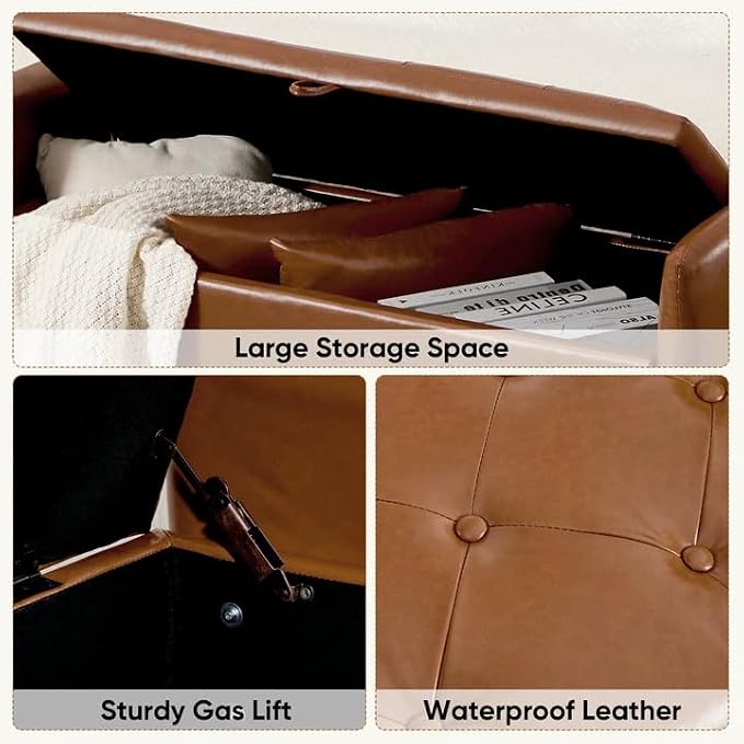 48" End of Bed Bench, Modern Storage Benches with Button-Tufted, Leather Upholstered Storage Ottoman Bench for Foot of Bed with Arms, Gold Legs Window and Entryway, Brown