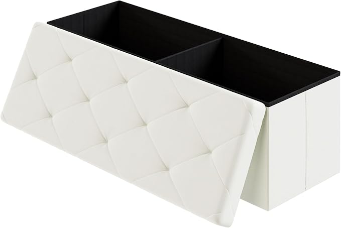 DUMOS 43 Inch Folding Ottoman with Storage Bench, Foot Rest Stool Ottoman | Upholstered End of Bed Storage Bench, Storage Ottoman Loads 660 Lbs for Bedroom, Living Room, Synthetic Leather, Beige
