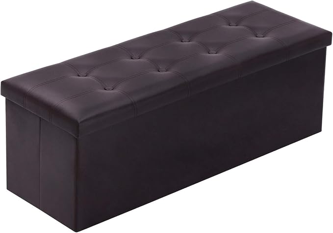 YOUDENOVA 43" Ottoman with Storage, Folding Faux Leather Bench, Brown | Foldable ottoman with hidden storage, padded faux leather seat and sturdy MDF frame for everyday use.