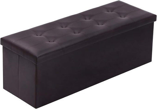 YOUDENOVA 43" Ottoman with Storage, Folding Faux Leather Bench, Brown | Foldable ottoman with hidden storage, padded faux leather seat and sturdy MDF frame for everyday use.