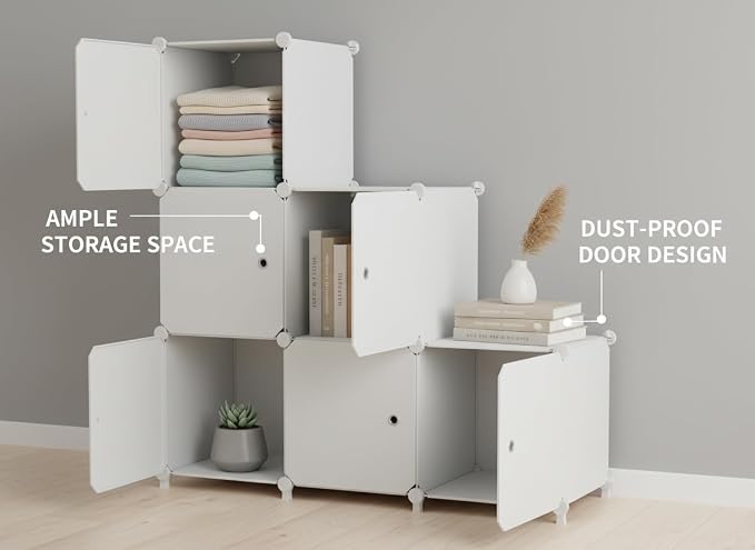 6Cube Storage Organizer Modular Stackable with Doors White | Sturdy plastic 6-cube cabinet with doors, 30x30x30cm per cube, tool-free snap assembly, ideal for bedroom, stairs, closet.