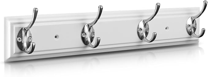 Coat Rack Wall Mounted White, 17" Wooden Modern Wall Coat Hanger with 4 Hooks, Heavy Duty Zinc Alloy Wall Hook Rack for Hanging Coats, Keys, Bags, Great Touch for Bedroom Bathroom Kitchen | 17"
