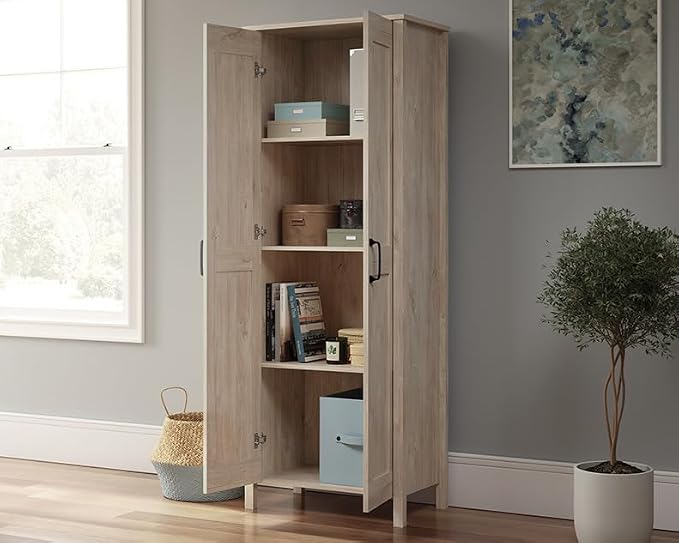 Sauder 2-Door Storage Cabinet, Tall Wooden Organizer, in a Chalk Oak Finish