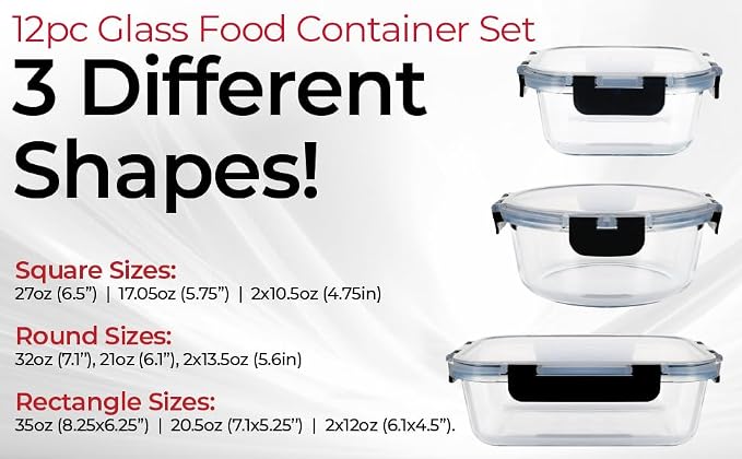 Magic Mill Premium Borosilicate Glass Food Storage Containers with lids Set | 24pc Sets with 12 Bowls & 12 Airtight Locking Lids for Lunch & Meal Prep, Safe for Oven, Freezer, Dishwasher, BPA-Free