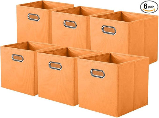 ShellKingdom Storage Bins, Foldable Fabric Storage Cubes with Metal Handle | Cloth Storage Organizer Drawer For Closet And Toys, 11 X 10.5 X 10.5 INCH, 6 Pack (Orange)