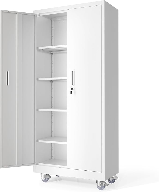 VINGLI Rolling Metal Storage Cabinet with Adjustable Shelves, 71'' Tall Garage Storage Cabinet with Wheels, Locking Tool Cabinets for Home Office Garage Gym School (White)