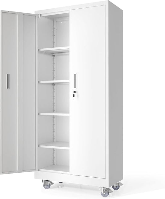 VINGLI Rolling Metal Storage Cabinet with Adjustable Shelves, 71'' Tall Garage Storage Cabinet with Wheels, Locking Tool Cabinets for Home Office Garage Gym School (White)