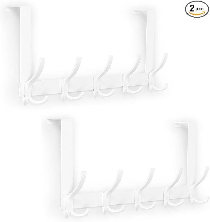 Optish Over The Door Hooks for Hanging, Over The Door Hanger with 5 Triple Coat Hooks, Over The Door Towel Rack for Bathroom, Door Hanger Hooks for Coat, Bags and Hat (White, 2 Pack)
