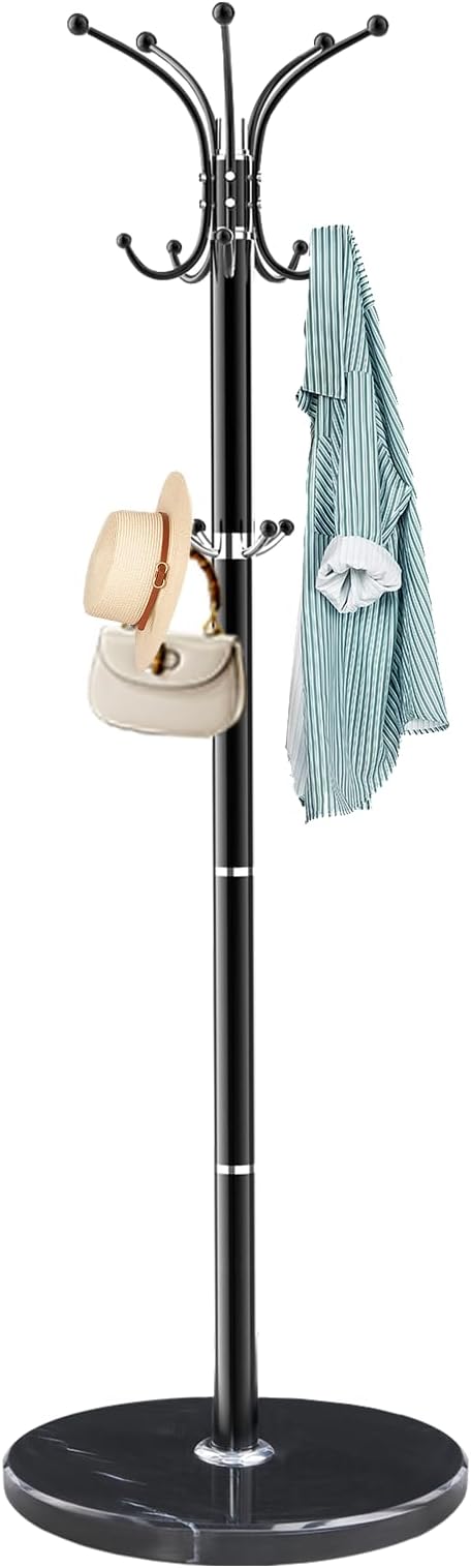ZOZOE Metal Coat Rack Stand, Modern Coat Rack Freestanding with Natural Marble Base, 360° Rotary Design Coat Racks with 14 Hooks, Black Coat Tree Hanger Stand for Bags, Hats, Entryway, Office