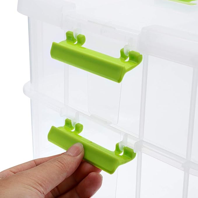 JUXYES 2-Tiers Plastic Stack Carry Storage Containers Box wih Handle Lids | Clear Stackable Latching Craft Storage Bin for School Office, Organizing Stationery, Sewing, Art Craft, DIY Supplies, Green