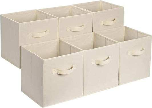 Amazon Basics Collapsible Fabric Storage Cube Bins Organizer with Handles for Organization and Organizing Solution, 13"x13"x13", Beige, 6-Pack