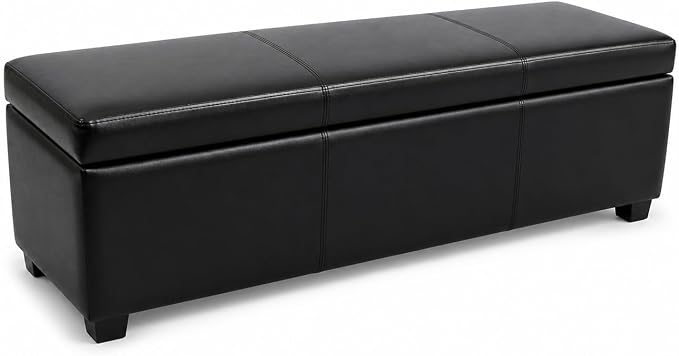 SIMPLIHOME Cosmopolitan 34" Wide Vegan Leather Storage Ottoman in Blue | Transitional lift-top ottoman with high-density foam; rectangle storage bench or coffee table for living room or entryway.