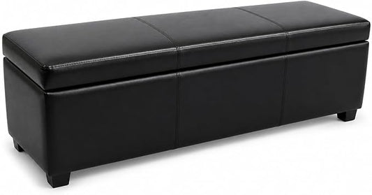 SIMPLIHOME Cosmopolitan 34" Wide Vegan Leather Storage Ottoman in Blue | Transitional lift-top ottoman with high-density foam; rectangle storage bench or coffee table for living room or entryway.