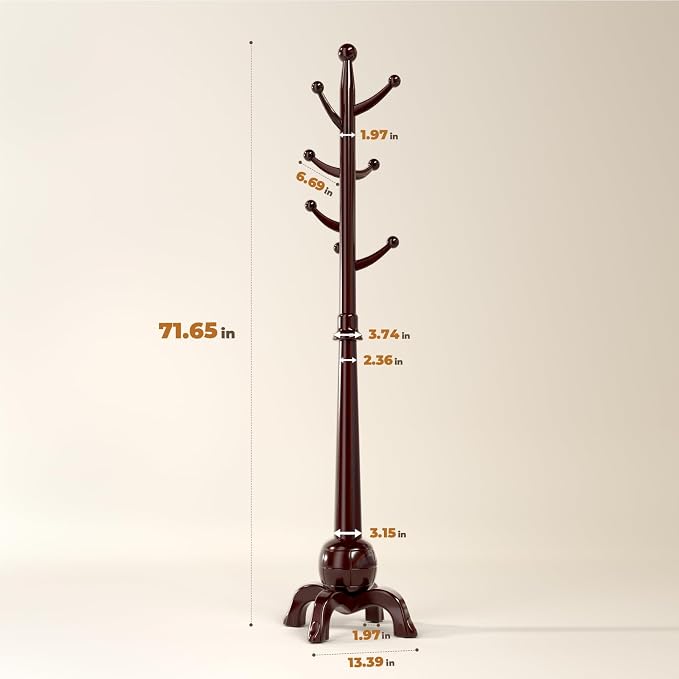 Coat Rack Freestanding with 8 Hooks, Wooden Coat Tree, Black Red | Coat Hanger Stand Heavy Duty with Stable Base, Hall Tree for Entryway Hallway Bedroom Office, 240lbs Load Capacity H:71.7in