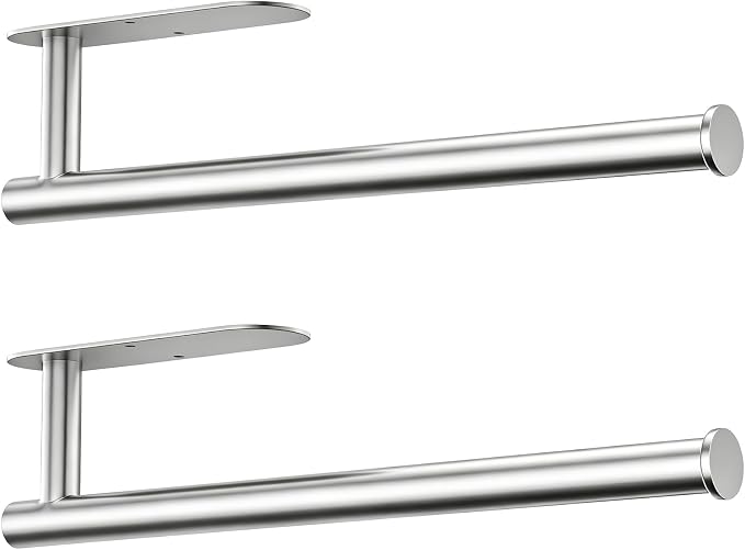 Paper Towel Holder, 2-Pack US304 Stainless Steel Wall Mount Rack, Self-Adhesive No Drilling, Rustproof Space Saving Under Cabinet Mount, Organizer for Kitchen, Bathroom, RV, Pantry (Silver)