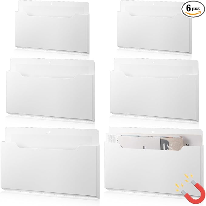 6 Pcs Magnetic Wall File Organizer Magnetic Wall File Holder Refrigerator Magazine Holder for Mail Letters Paper(White,Horizontal-3 Mixed Size)