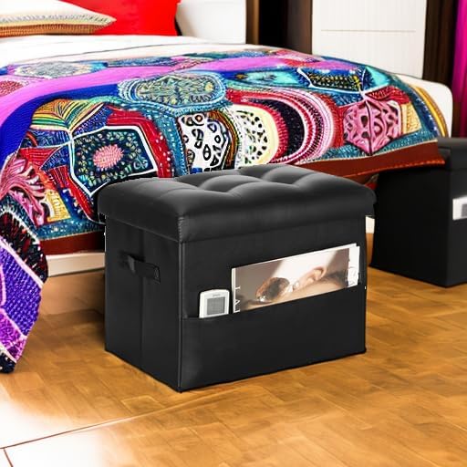 Storage Ottoman Foot Rest Stool with Thicker Foam Padded Seat. Foldable Leather Footstool Bench. Small Ottoman with Storage for Living Room Bedroom Coffee Table 350 lbs, 17x13x13in, Black. | Foldable Leather Foot Stool with Storage, Small Ottoman with ...