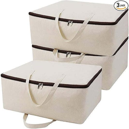 3pcs Cotton Clothes Bedding Storage Organizer Bins with Handles 3-side Zip | Breathable Canvas, Soft Storage Bins, Good for winter Clothes, Sweaters blankets, duvets, pillows Organizer, Beige, washable