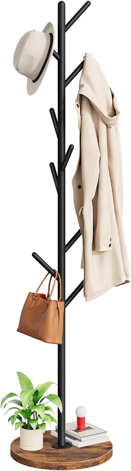 HOOBRO Coat Rack Stand with 9 Hooks, Metal Freestanding Coat Tree with Wooden Base, Heavy Duty Hall Tree for Entryway, Space Saving Coat Hanger Stand with Thickened Base, Rustic Brown BF11YM01