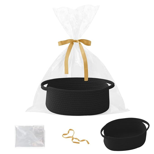 Black Woven Rope Basket - Baby Gift Basket with Bag & Ribbon | Cotton rope with handle, 12x8x5 in, gift bag and ribbon, for baby shower, birthday, toy storage, nursery, shelf decor