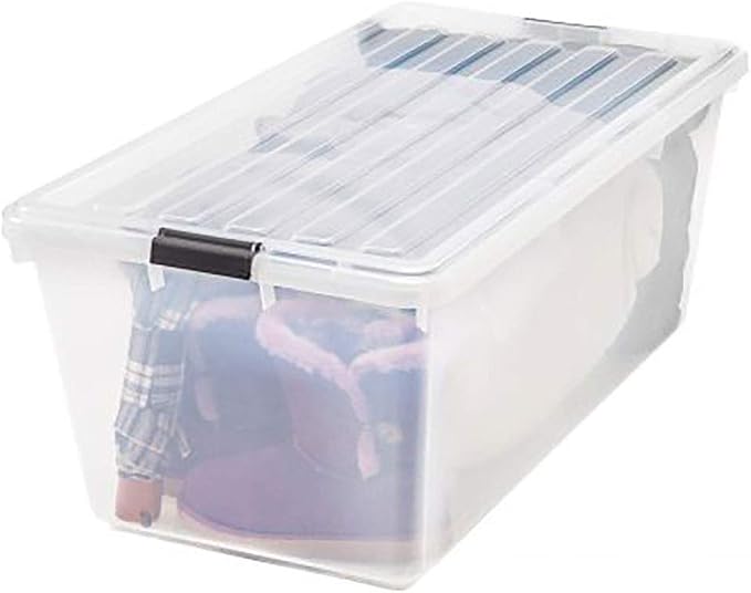 IRIS USA 91 Qt Stackable Storage Bins with Lids, Clear | Clear design makes contents easy to identify while organizing closets, bedrooms and storage rooms, Stackable and nestable
