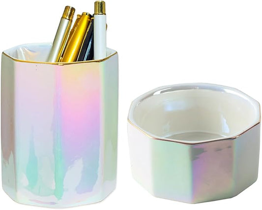 Desk Organizer Set of 2 For Office, Iridescence Pen Holder and Paper Clip Holder, Ceramic Cute Pencil Cup, Paper Clip Dispenser for Desktop, Makeup Brush Holder (Pearl)