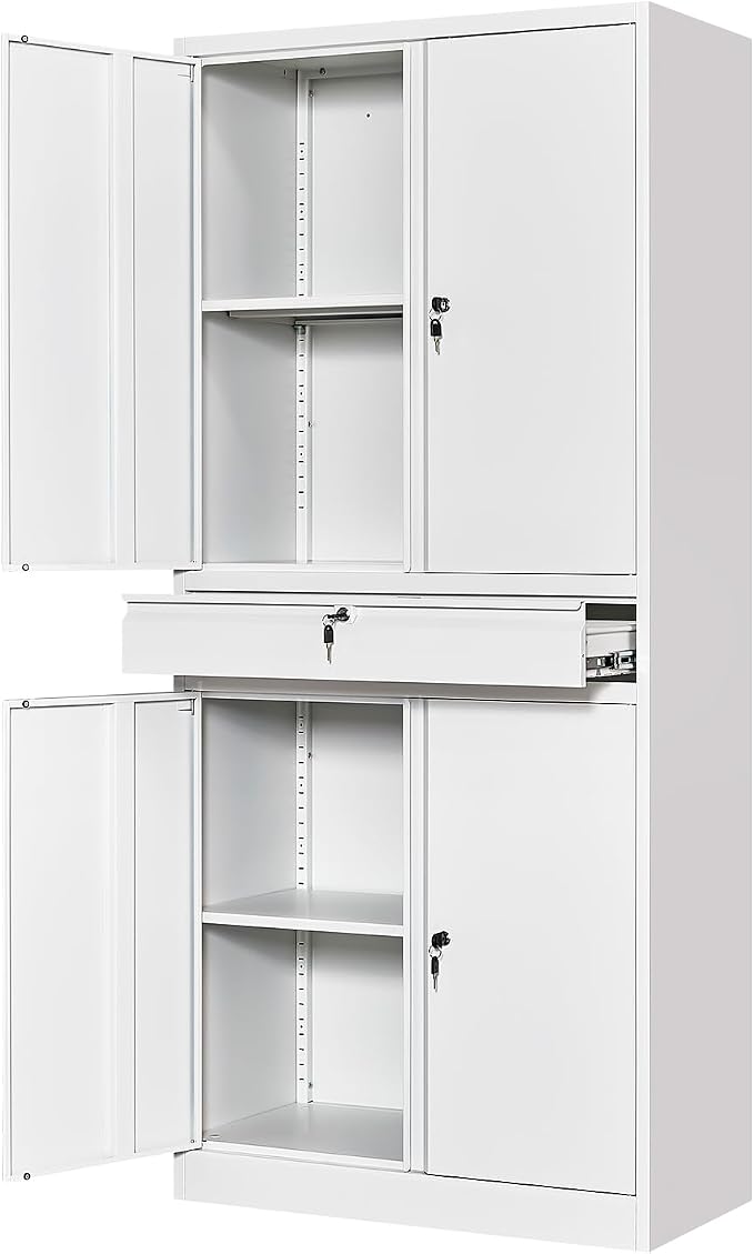 White Metal Storage Cabinet with Lock, 71" Tall Garage Storage Cabinets with Doors and Shelves, Lockable Tool Caninet Steel Locking Cabnets File Caninet for Home Office, Garage, Pantry