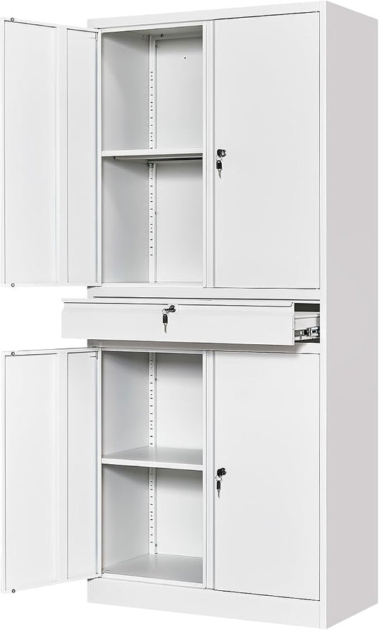 White Metal Storage Cabinet with Lock, 71" Tall Garage Storage Cabinets with Doors and Shelves, Lockable Tool Caninet Steel Locking Cabnets File Caninet for Home Office, Garage, Pantry