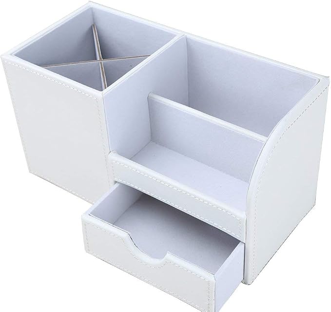 Desk Organizer Office Supplies Caddy Pu Leather Multi-function Storage Box Pen/Pencil,Cell phone, Business Name Cards Remote Control Holder with Small Drawer White