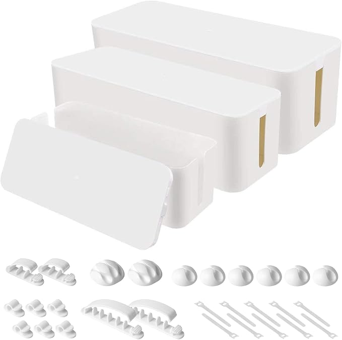 Cable Organizer Box Set of Three, Power Cover Cord Holder Surge Protector for Desk (White)