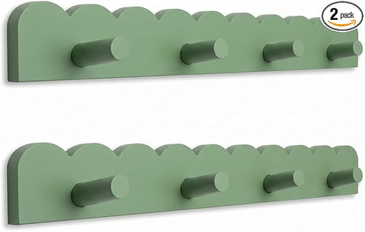 Leinuosen 2 Pack Scalloped Coat Rack Wall Mount Cute Nursery Wall Hook 16 Inch 8 Hooks Wooden Backpack Hanger for Toddler Kids Clothes Hat Towel Keys Bathroom Classroom Playroom Nursery Decor