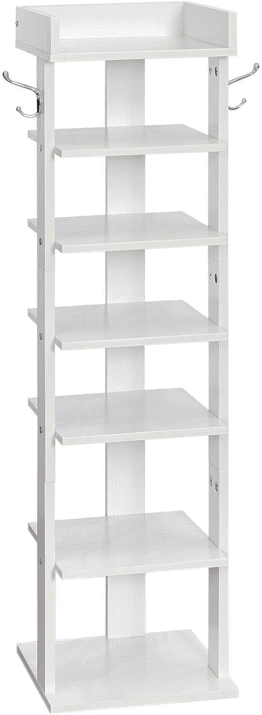 HOOBRO Vertical Shoe Rack for Front Door Entryway, 7 Tier Wooden Shoe Storage Organizer with Hooks, Narrow Shoe Tower for 7 Pairs, Space Saving, for Corner, Closet, Bedroom, White WT61XJ01
