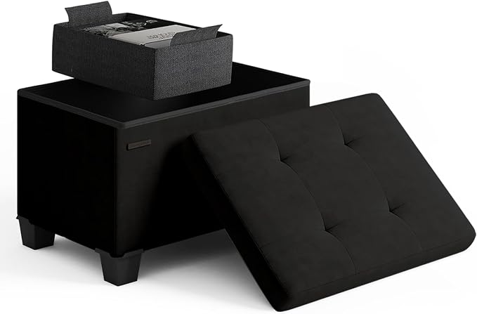 Storage Ottoman Cube with Small Bin, 16-in Square Ottoman with Storage for Living Room and Bedroom, Small Ottomans Foot Rest, Velvet Foot Stools Ottomans Max 330lbs, Black