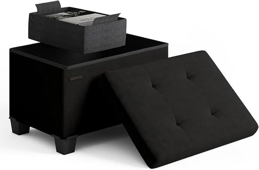 Storage Ottoman Cube with Small Bin, 16-in Square Ottoman with Storage for Living Room and Bedroom, Small Ottomans Foot Rest, Velvet Foot Stools Ottomans Max 330lbs, Black