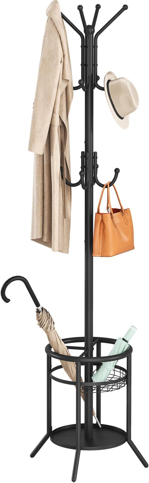ELYKEN Coat Rack Freestanding, Metal Coat Rack with Umbrella Holder | 12 Hooks, Round Base, Heavy Duty Floor Standing Coat Tree for Entryway, Hallway, Living Room, Bedroom, Office, Black