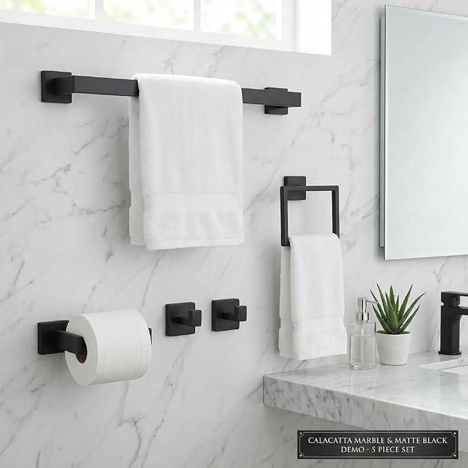 5-Piece Bathroom Hardware Set, 23.6 in Towel Bar, Matte Black | SUS304 stainless steel, 55 mm square bases, concealed screw mount, towel ring, toilet paper holder, 2 robe hooks
