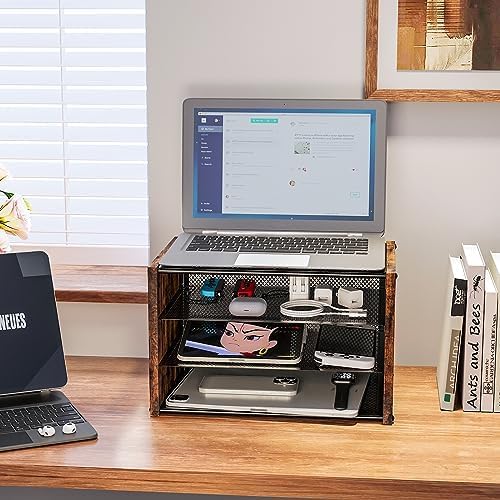 DAOUTIME 3-Tier Paper Letter Tray, Wooden Desk File Organizer, Stackable Metal Mesh Desk Organizer for Office Supplies. Small Paper Trays for Home Office School, Rustic Brown