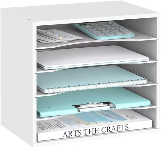 5 Tier Wood Desk Organizer, Mail Sorter and Paper Organizer for Desk, White | Wooden Desktop Organizer for Sorting Papers, Letters and Mails, Literature Organizer for Home Office, Classroom Organization