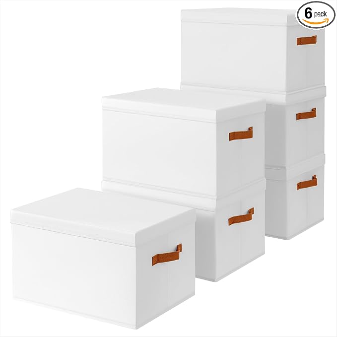 Homsorout Storage Bins with Lids - Large Fabric Closet Bins with Lid, 6 Pack Clothes Organizers and Storage, Collapsible Stackable Cube Basket for Home, Office, Dorm, White