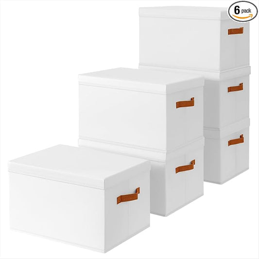 Homsorout Storage Bins with Lids - Large Fabric Closet Bins with Lid, 6 Pack Clothes Organizers and Storage, Collapsible Stackable Cube Basket for Home, Office, Dorm, White