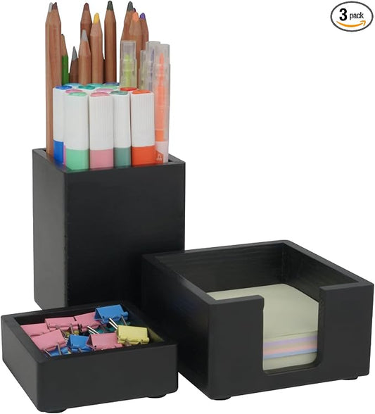 RAWILL 3 PCS Black Wooden Desk Organizer Set Pine Wood Office Desk Accessories with Pen Holder, Paperclip Storage and Sticky Note Holder, Wood Grain Clear, Ideal Gift for Office and Family (Black)