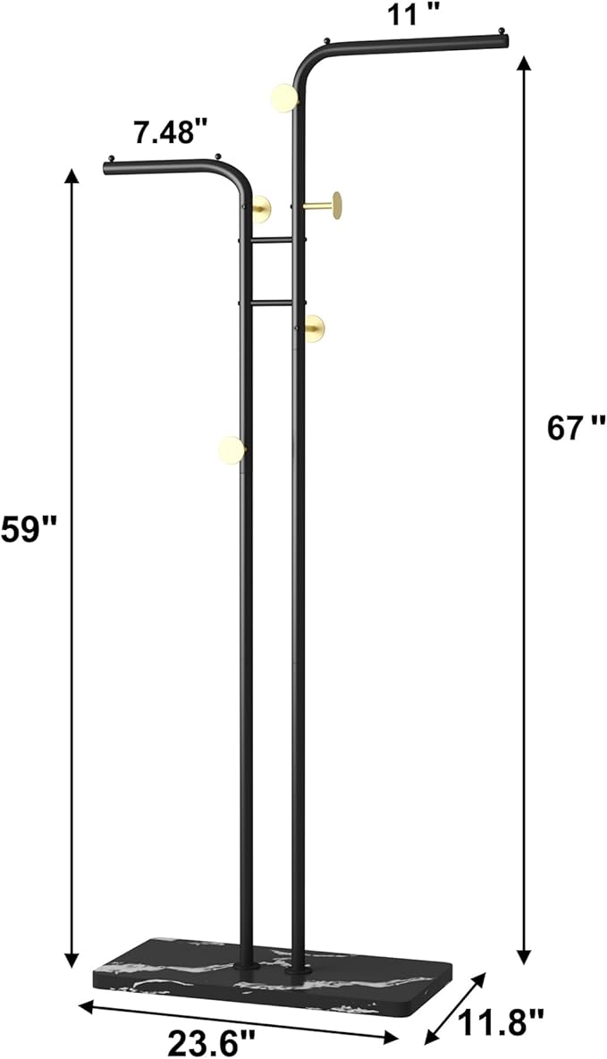HOMEFORT Coat Rack, Freestanding Metal Coat Racks, Double-pole Clothes Hat Stand with 5 Hooks for Closet, Bedroom, Entryway, Living Room, Black