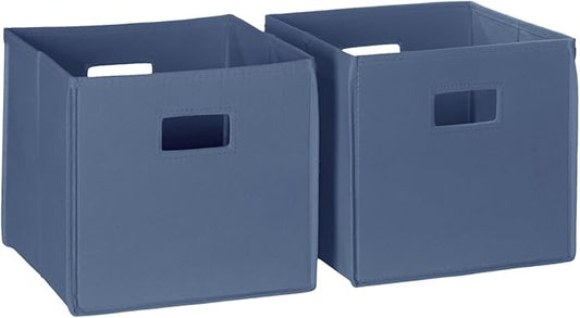 RiverRidge Folding Storage Bins - 2-pack of 10in Tall Slate Blue Cubes | Fabric Bins, Set of 2 Storage Cubes, Cut-out Handles, Playroom Closet Organizer, Collapsible Cubby with Bottom Board Insert